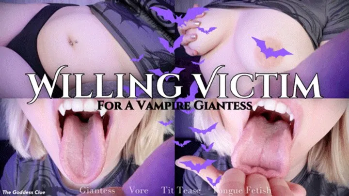 Willing Victim for a Vampire Giantess - - The Goddess Clue, Unaware Giant Vampire Spots a Tiny Spying on Her Hungry Belly, Becomes Willing Prey and Plaything, Tit Tease, Cum on My Tongue, Giantess Vore POV