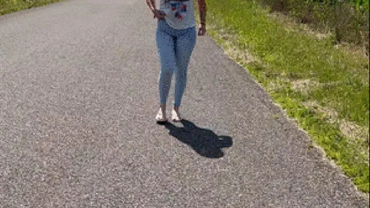 Scarlet Floods Her Tight Jeans Walking Down The Road!