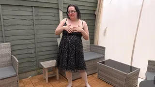 Big Tits wife in Black party dress and white Holdup stockings