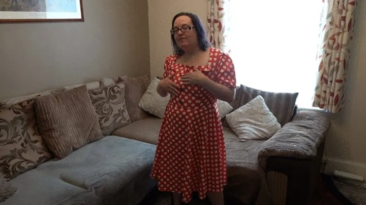 Sexy wife Striptease in red 1950s dress