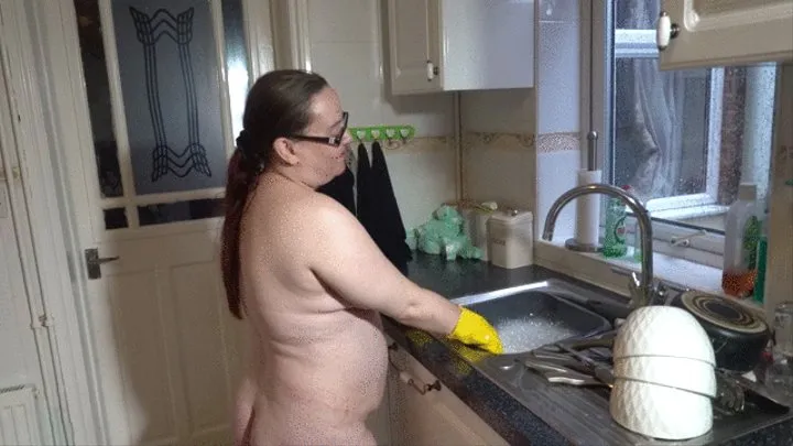 Wife Naked washing up in Rubber gloves