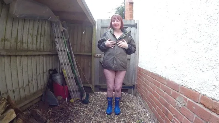 Stripping in Wellingtons and coat naked underneath