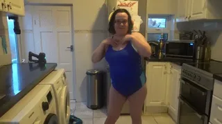 Wife with Big Breasts Dancing in Tight Blue Swimsuit