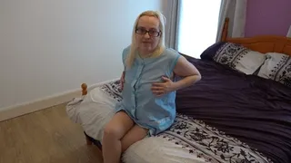 Playing with Pussy in Tan holdups and light Blue Apron