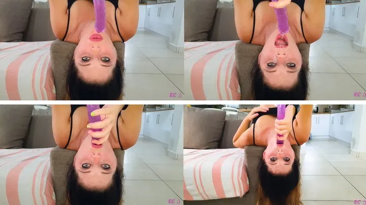 Solo Deepthroating Purple Dildo Upside Down