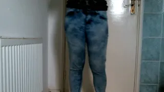 Standing by the bathroom door only to piss her jeans
