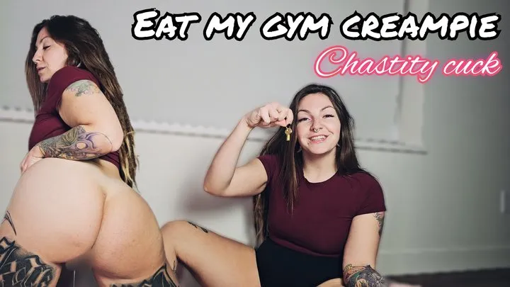 Chastity cuck eats gym step-bro's creampie