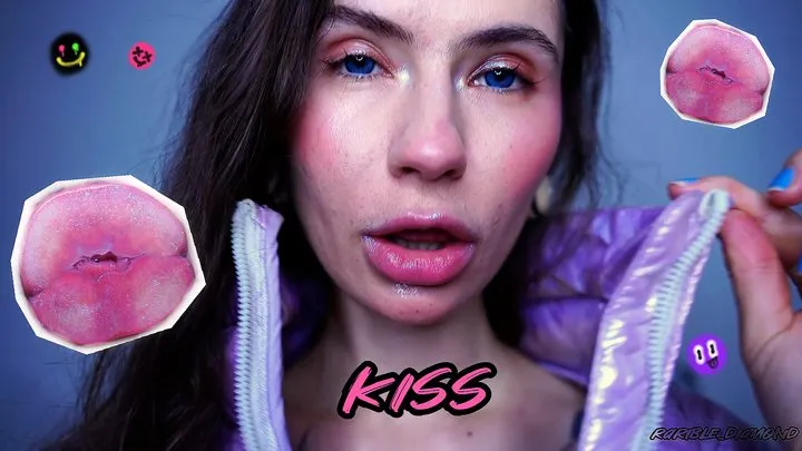 Glamour girl kiss with big shiny juicy lips + spit fetish