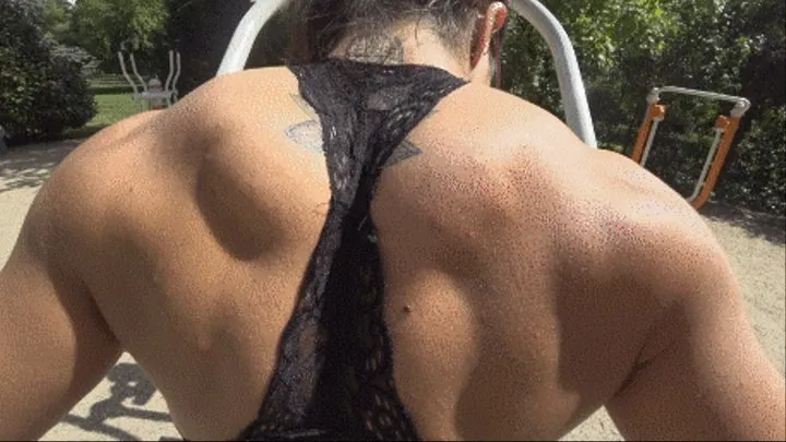 FITNESS GODDESS AT PUBLIC OUTDOOR GYM-STARE AT MY BRUTAL TRAPS AND BACK MUSCLES!