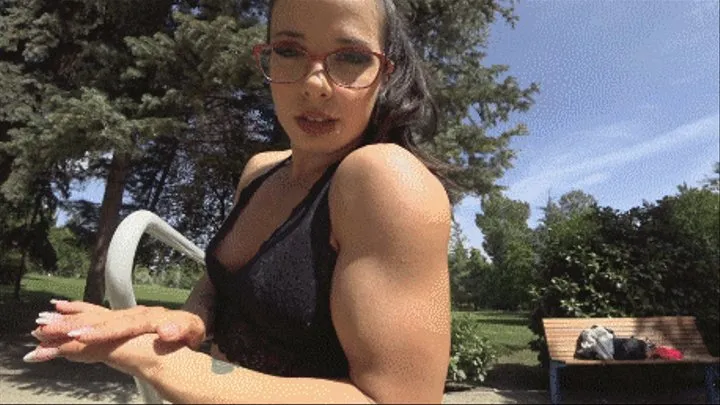 I HAVE THE MUSCLES I MAKE THE RULES-BICEPS GODDESS DOMINATES YOU AT PUBLIC OUTDOOR GYM