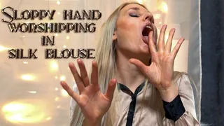 Sloppy hand worshipping in silk blouse