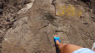 Blue Sandals Dirty Feet Washed In Beach Water