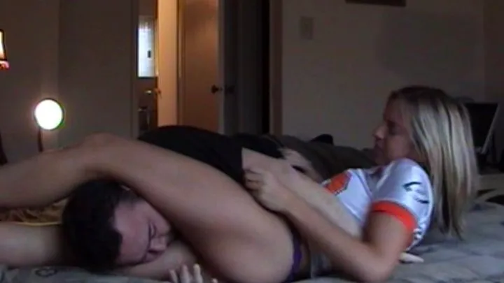 Hooter girl Kat wrestling challenge on bed with roommate