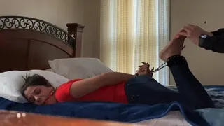 Barefoot hogtie foot tickle and worship