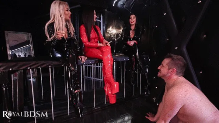 Licking the boots of three Goddesses