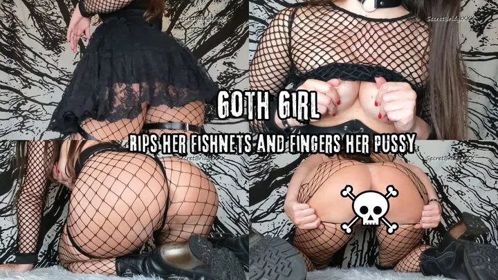 Goth Girl Rips her Fishnets and Fingers her Pussy