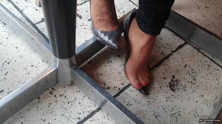 in the restaurant with dirty nylon feet