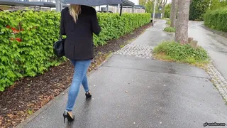 walk with only one shoe and Pantyhose on rainy day