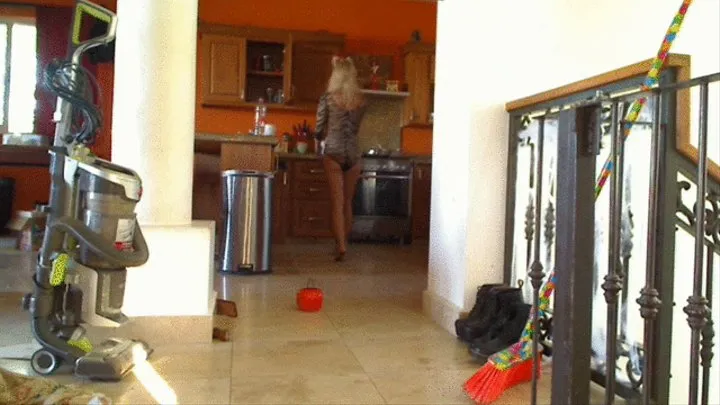 Housewife Dressed As Tiger Cleans Kitchen