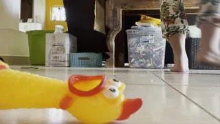 Mercilessly crushing and stepping on shocked rubber chicken