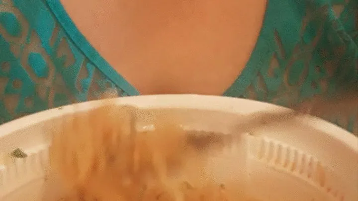 Big tits Goddess eating and slurping up noodles in sheer tank top