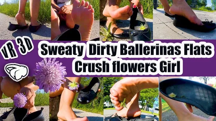 Virtual Reality VR 3D - Crush flowers Sweaty Dirty Ballerinas Flats Shoeplay barefoot day I'll show you my stinky sweaty ballerinas playing with her black lacquer ballerinas flats shoes