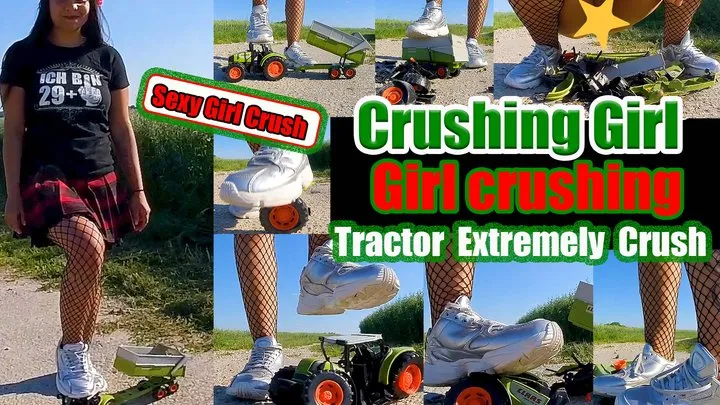 Sexy Crush Gypsy girl with a crush in fishnet tights crushes a big tractor and sneakers, they kick hard until everything is completely broken NEW