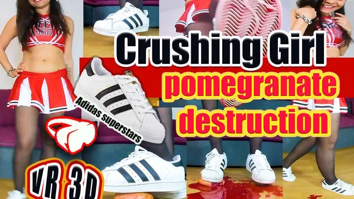 VR 3D Virtual Reality - Trampling Crushing - Cheerleader girl a pomegranate to a pulp it is torn to pieces vegetables Crush trampling crushing Pomegranate to a pulp with their Adidas superstars and nylons