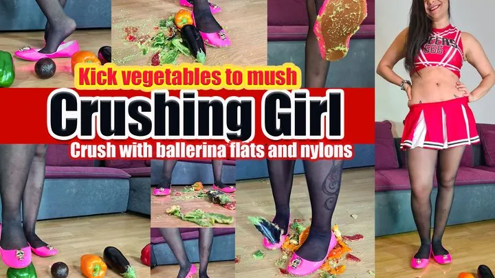 Cheerleader Girl Crush trample various vegetables to a pulp with their ballerinas, avocado, aubergine and various peppers in red, green and yellow