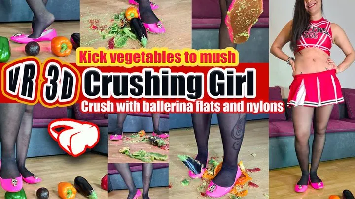 VR 3D Virtual Reality - Cheerleader Girl Crush trample various vegetables to a pulp with their ballerinas, avocado, aubergine and various peppers in red, green and yellow