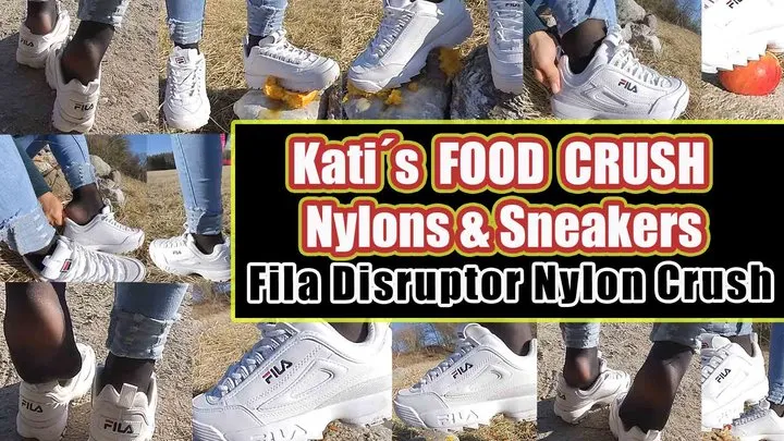 Pretty Sexy Fila Disruptor Shoeplay Nylon feet and Crush Trample girl plays with her sweaty Fila sneakers and shows her stinky wet nylons sweaty, stinky Fila