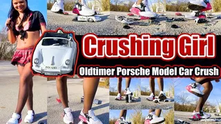 Vintage Porsche Model Car Crush - Girl crush with Nike Air Max sneaker shoes a toy metal car Destruction of a metal car they jump, jump, crash the cars destroyed, kicked, trampled, crushed, smashed, crushed,