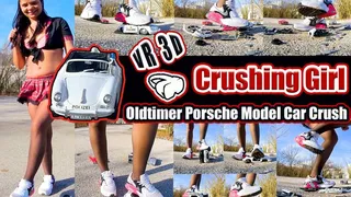 Virtual Reality VR 3D - Vintage Porsche Model Car Crush - Girl crush with Nike Air Max sneaker shoes a toy metal car Destruction of a metal car they jump, jump, crash the cars destroyed, kicked, trampled, crushed, smashed, crushed,