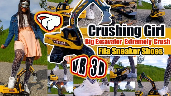 Girl crushed VR 3D Virtual Reality - Large excavator is destroyed, kicked, trampled, crushed, smashed, crushed, broken plastic car, crush toy car, sneaker, toy, toycrush, plastic car, jumps, smashes car, trample