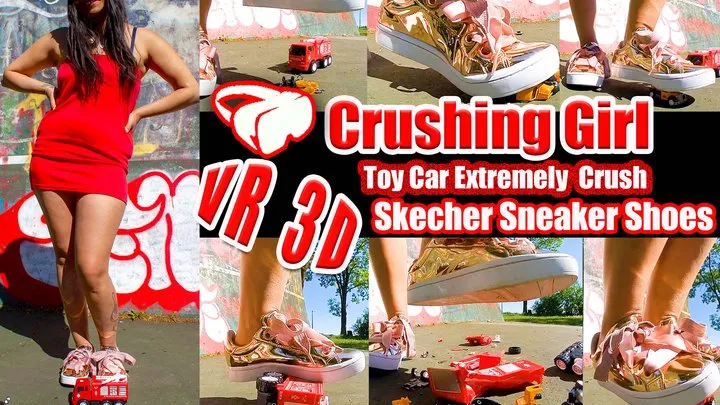 VR 3D Virtual Reality - pretty girl Crushing Toy Smashes car, trample car crush Sweaty feet, Foot fetish, trample, giantess, stomping, plastic car, crush toy car, sneaker, toy, toycrush, plastic car, jumps