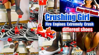 Crush Girl totally destroys 5 fire engines she smashes 5 cars in a row and with 4 different shoes ballerinas sneakers high heels new