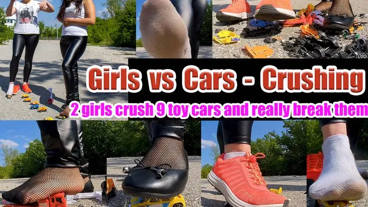 2 girls crushes crush 9 toy cars and really break them, they jump, jump, crash the cars destroyed, kicked, trampled, crushed, smashed, crushed, broken plastic car,
