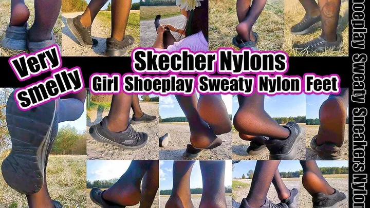 Pretty girl plays with her black sweaty Skecher sneakers and shows her stinky wet black nylons black sweaty skeaker 2002