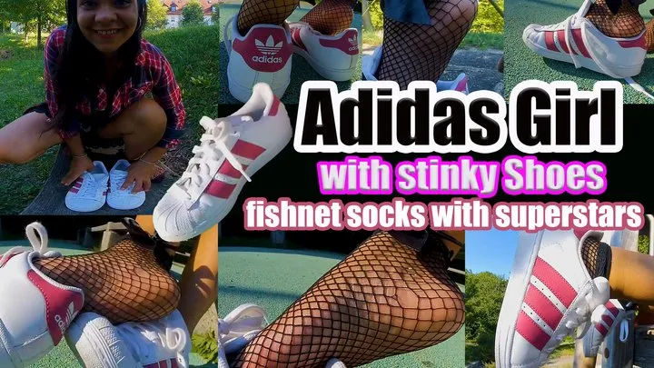 Girl me sweaty red adidas Superstars fishnet socks shows you her sweaty insoles and stinky feet and lick her shoes and their sweaty feet, shoeplay, dipping