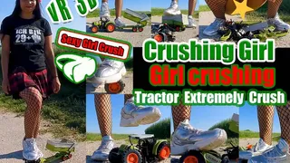 Virtual Reality VR 3D Girl with a crush in fishnet tights crushes a big tractor and sneakers, they kick hard until everything is completely broken NEW