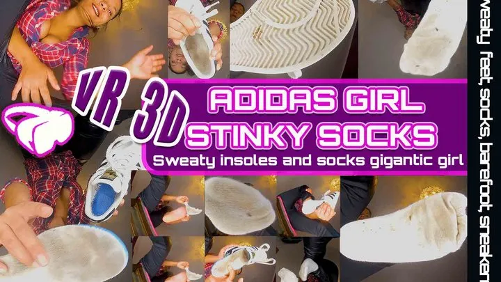 Virtual Reality 3D VR Giantess Gigantic girl shows her stinky socks and her sweaty Adidas shoes also her insoles sweaty feet, shoeplay dipping