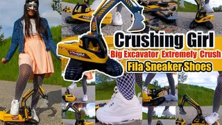 Large excavator is destroyed, kicked, trampled, crushed, smashed, crushed, broken plastic car, crush toy car, sneaker, toy, toycrush, plastic car, jumps, smashes car, trample