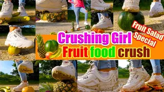 Fruit crush trample, crushed fruit, melon, bananas, apples, bloodorange and pineapple, jumps, smashes car, trample