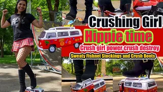 Hippie time boots crush - the big VW bus wants to go on vacation - but not with me - kicked, trampled, crushed, smashed, crushed, broken plastic car, crush toy car, sneaker, toy, toycrush, plastic car, jumps, smashes car, trample