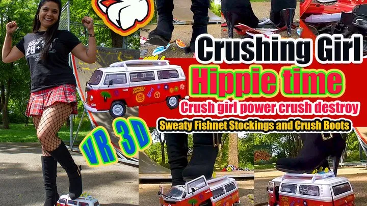 VR 3D Virtual Reality - Hippie time boots crush - the big VW bus wants to go on vacation - but not with me - kicked, trampled, crushed, smashed, crushed, broken plastic car, crush toy car, sneaker, toy, toycrush, plastic car, jumps, smashes car, tramp