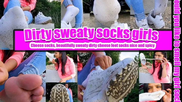 Girl shows you her dirty sweaty socks that stink and are damp after 6 days of wear that stinks and is really wet and dirty