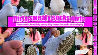 Girl shows you her dirty sweaty socks that stink and are damp after 6 days of wear that stinks and is really wet and dirty