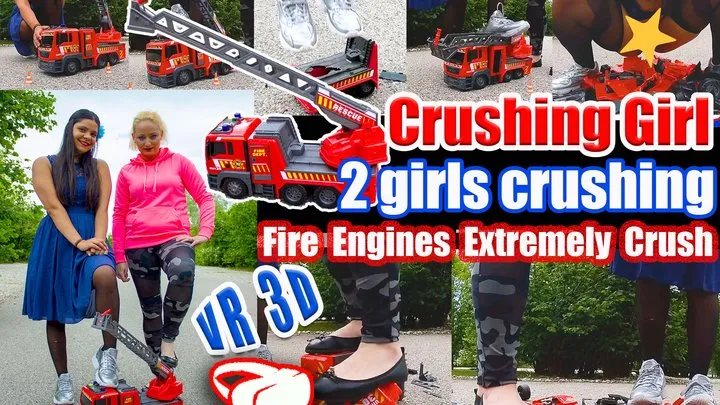 VR 3D Virtual Reality Big fire truck crush CRUSH2 girls destroy with ballerinas and sneakers they kick hard until everything is completely broken
