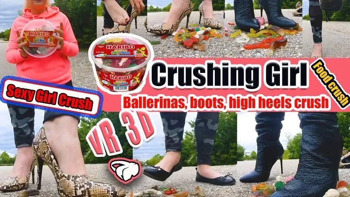 VR 3D Virtual Reality Girl crushes boots, ballerinas and high heels, crush, crushes gummy bears Foot crush Trample Gummy high heels with boots, ballerinas and high heels