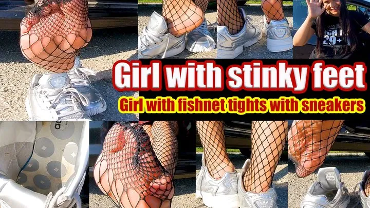 Girl me sweaty fishnet tights shows you her sweaty insoles and stinky feet and lick her shoes and their sweaty feet, shoeplay, dipping